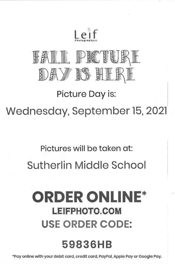 Leif Photography ad.  Picture day is 9/15/2021.  Order online through leifphoto.com code: 59836HB